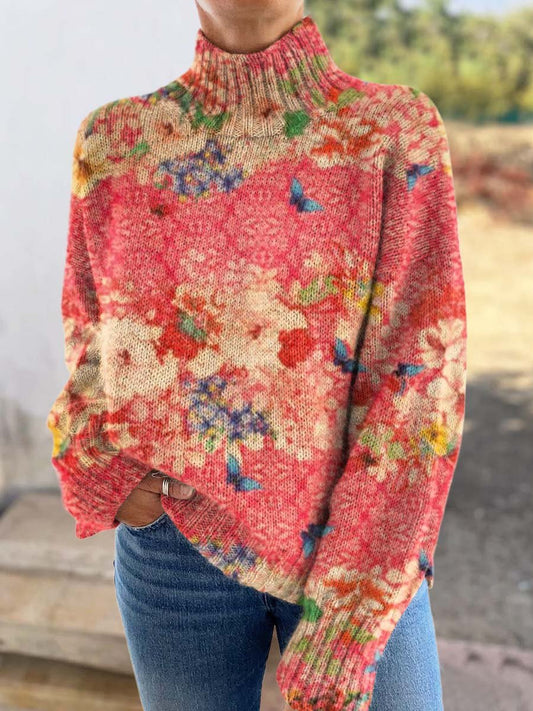 Women's Floral Butterfly Art Print Knitted Turtleneck Sweater