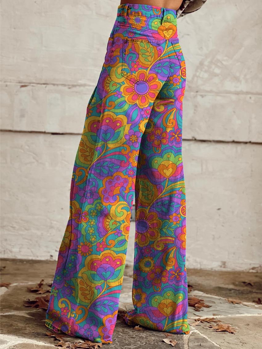 Women's Hippie Vintage Flowers Print Casual Wide Leg Pants