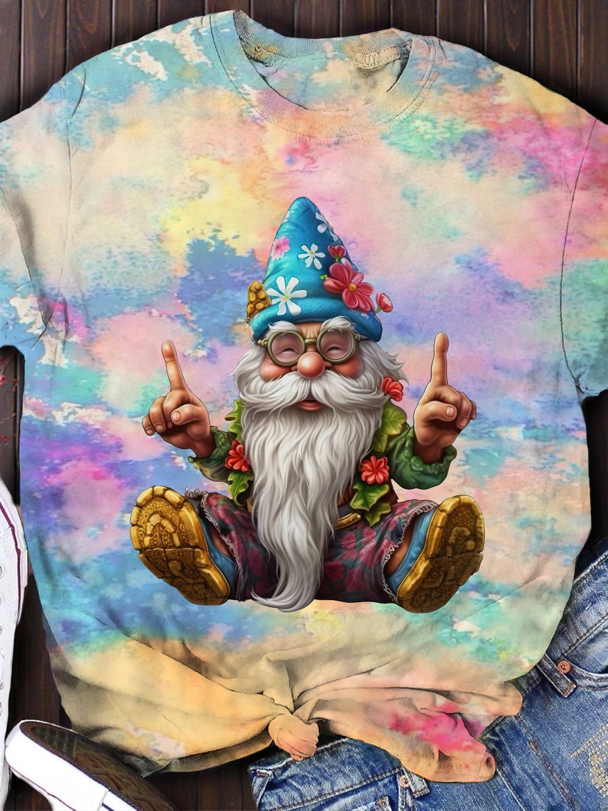 Colorful Tie Dye Hippie Old Man Print T-shirt