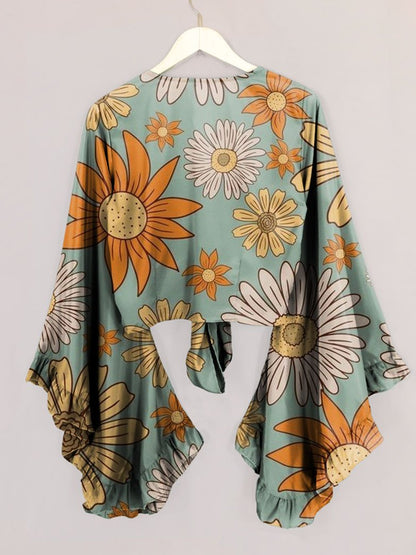 Women's Retro 70s Floral Power Print Bell Sleeve Wrap Top