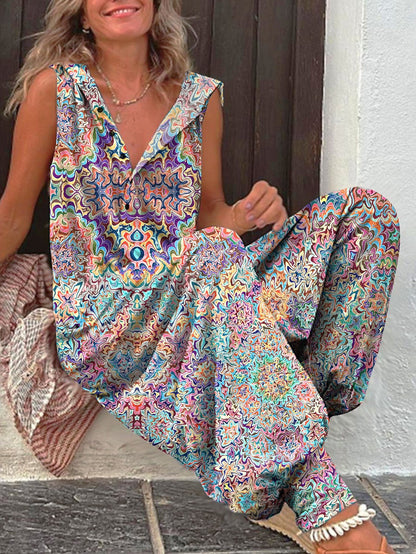 Women's Retro Abstract Hippie Print Casual 100% Cotton Wide Leg Jumpsuit