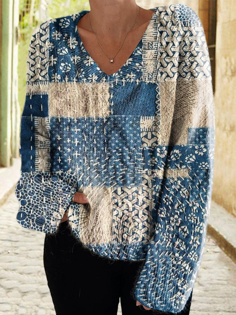 Women's Paneled Casual V-Neck Pullover Sweater