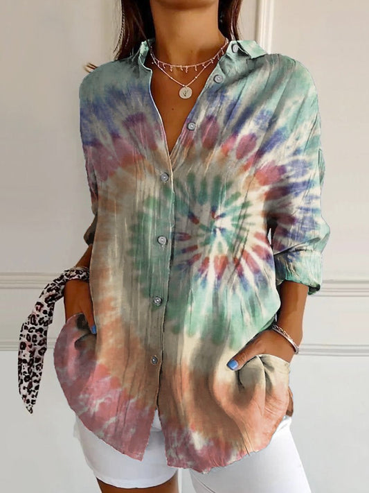 Women's Colorful Vintage Tie Dye Print Casual Cotton Shirt