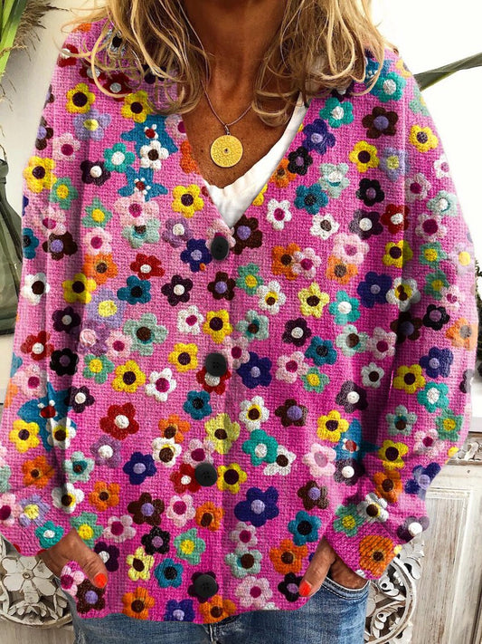 Womens Vintage Floral Art Print Buttoned V-neck Cardigan Sweater