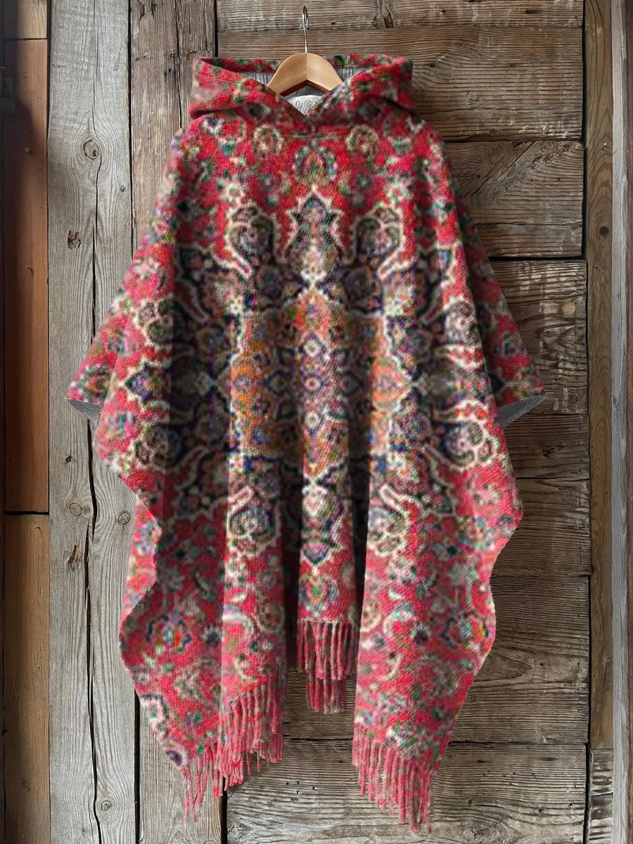 Women's Retro Ethnic Style Art Print Casual Knit Blanket Cape Hooded Cape