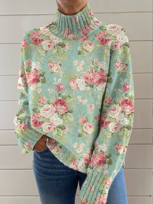 Fresh Retro Flowers Art Print Knit Turtleneck Pullover Sweater