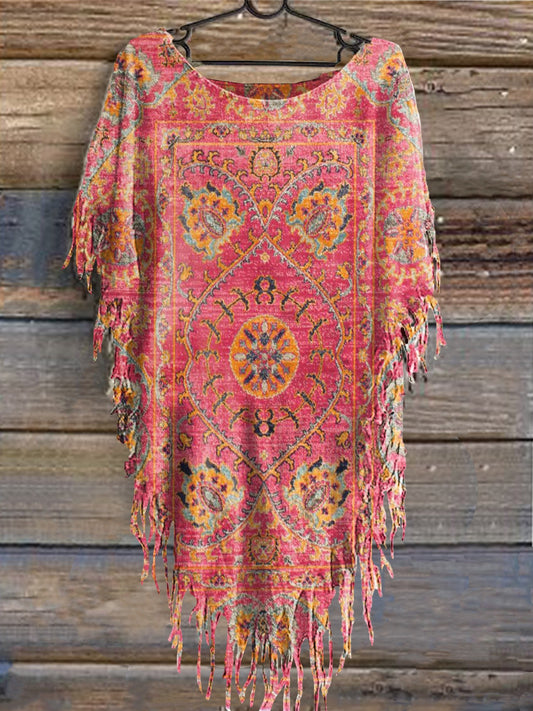 Women's Vintage Floral Totem Print Punk Hippie Batwing Tussle Fringes Poncho Dress