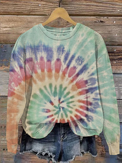 Retro Washed Tie Dye Print Casual Sweatshirt