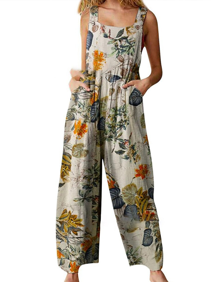 Floral Pattern Hippie Art Print Casual 100% Cotton Wide Leg Jumpsuit