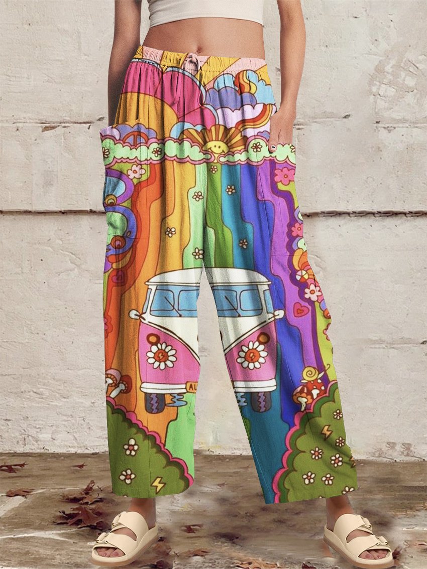 Women‘s Casual 1980s Hippie Print Wide Harem Leg Pants