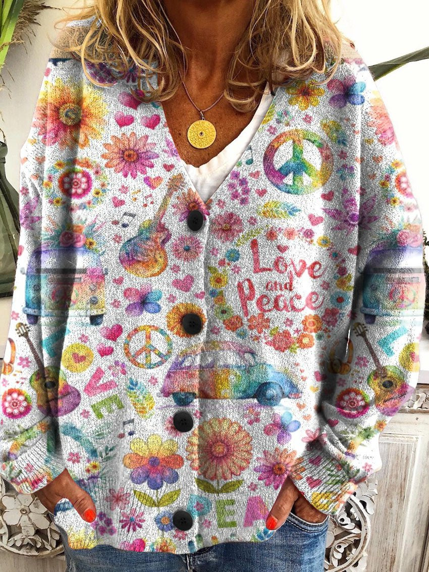 Love & Peace Hippie Print Buttoned V-neck Cardigan Sweater