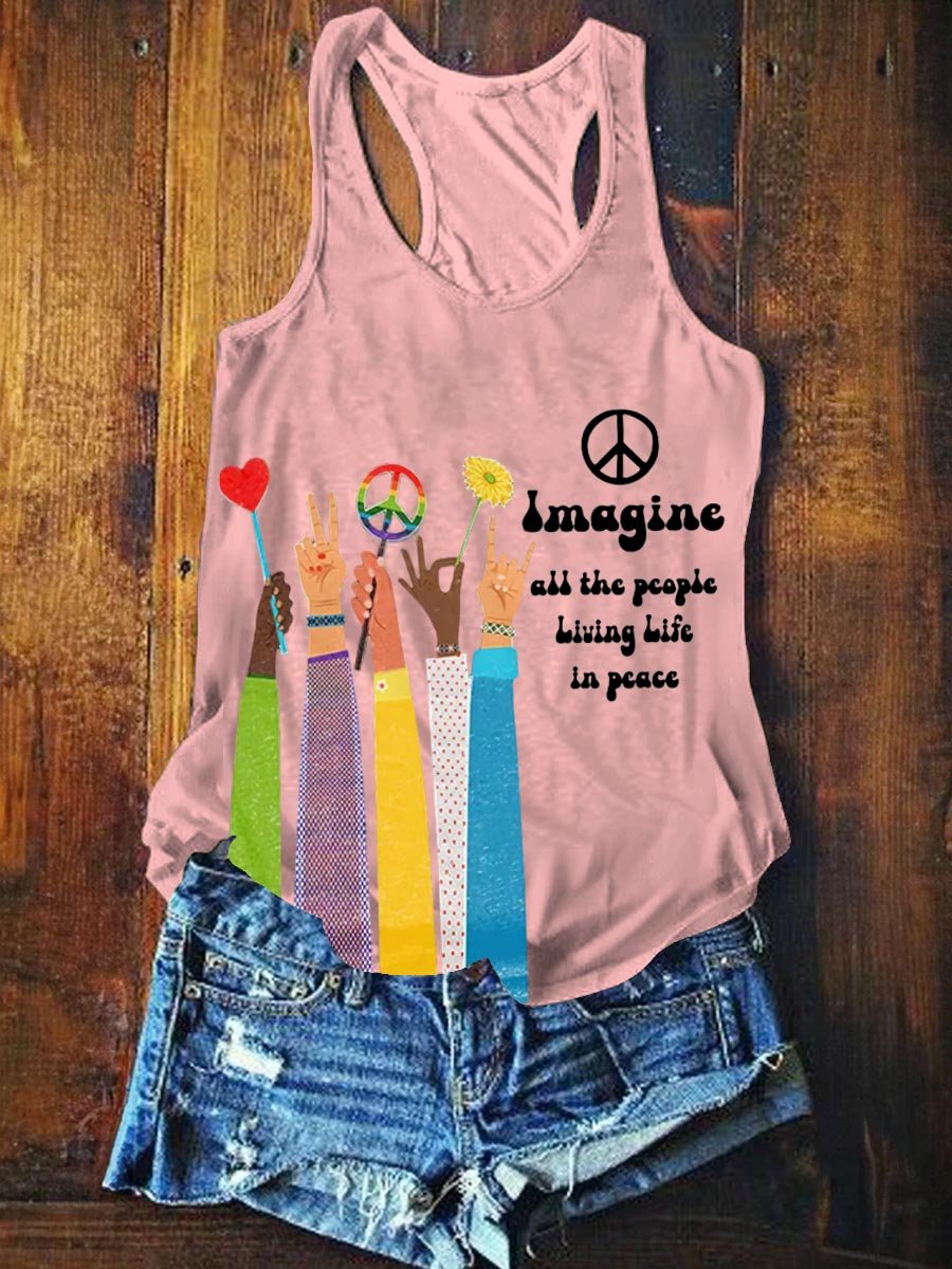 Women's Imagine All The People Living Life In Peace Art Print Tank Top