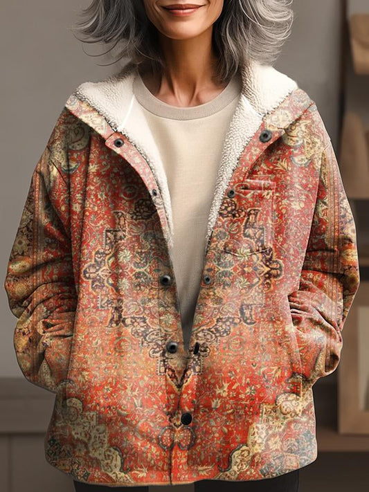 Women's Ethnic Art Print Waffle Plush Thick Long-Sleeved Hooded Coat