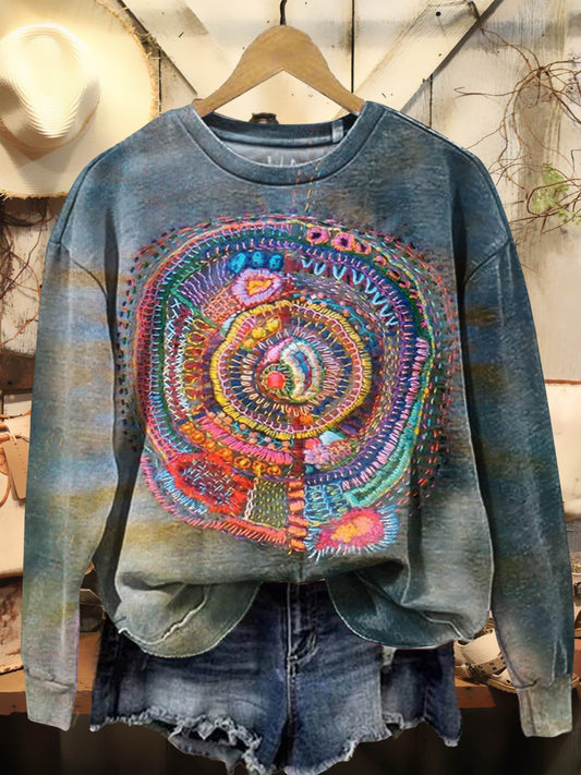 Women's Vintage Embroidered Floral Totem Print Casual Sweatshirt