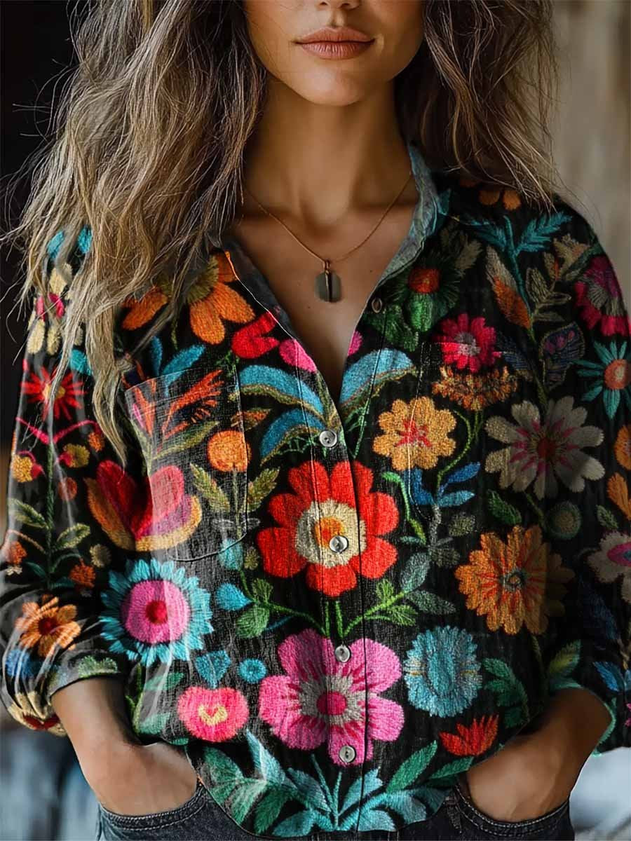 Women's Retro Floral Pattern Casual Long Sleeve Comfortable Cotton Shirt