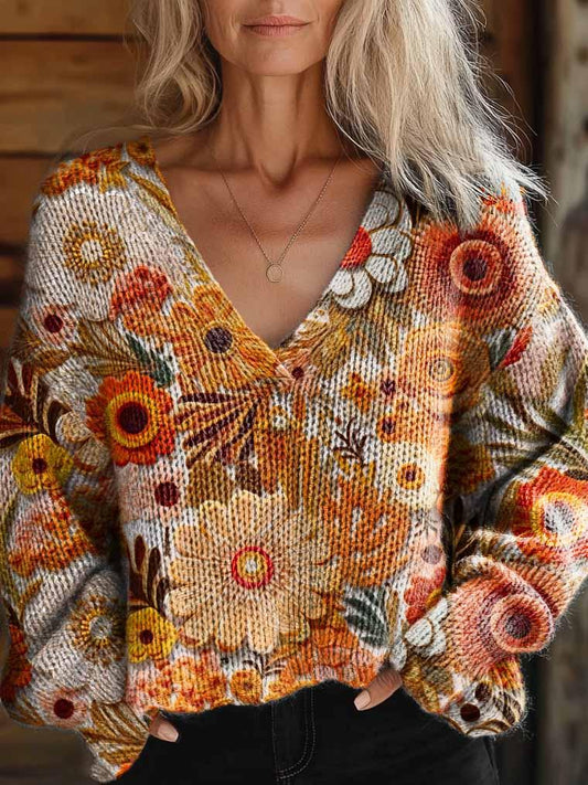 Women's Retro Floral Pattern Casual V-Neck Knit Sweater