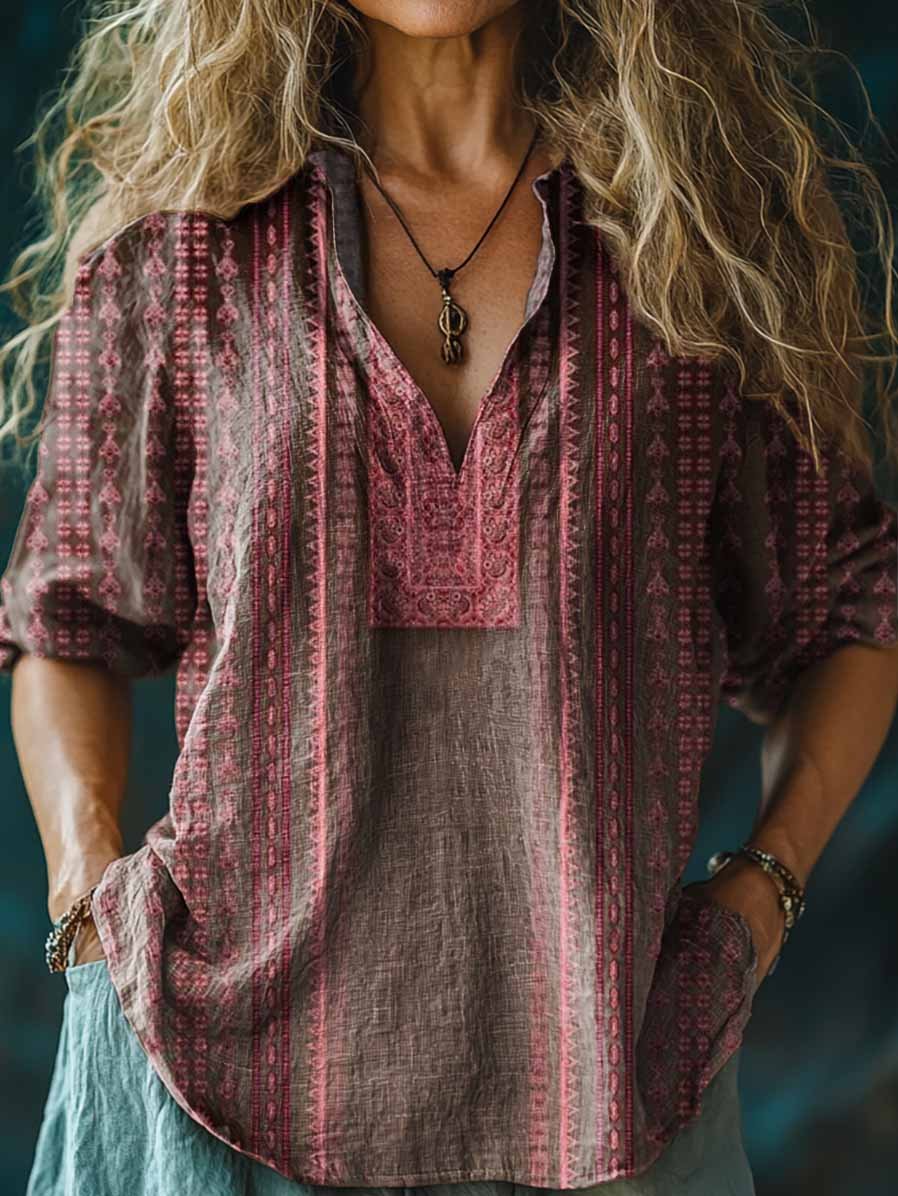 Women's Bohemian Ethnic Style Print Casual Linen V-neck Shirt