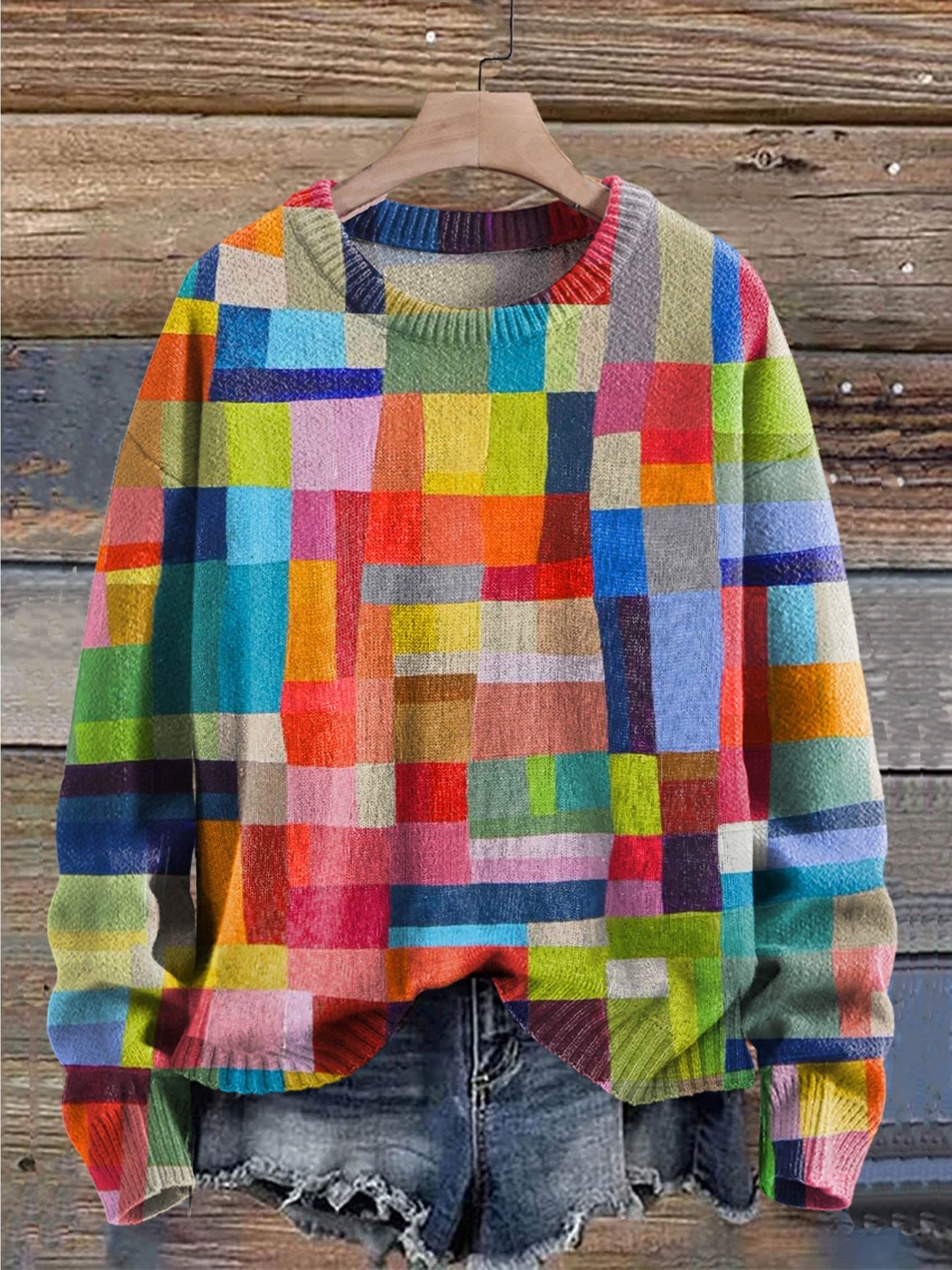 Colorful Squares Print Knit Pullover Sweater