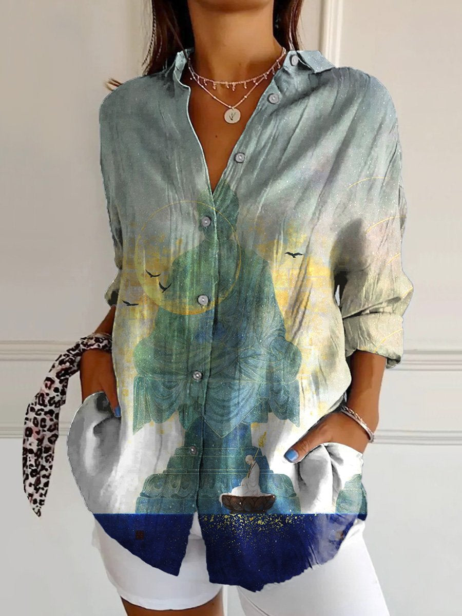 Women's Eastern Charm Zen Print Casual Cotton Shirt