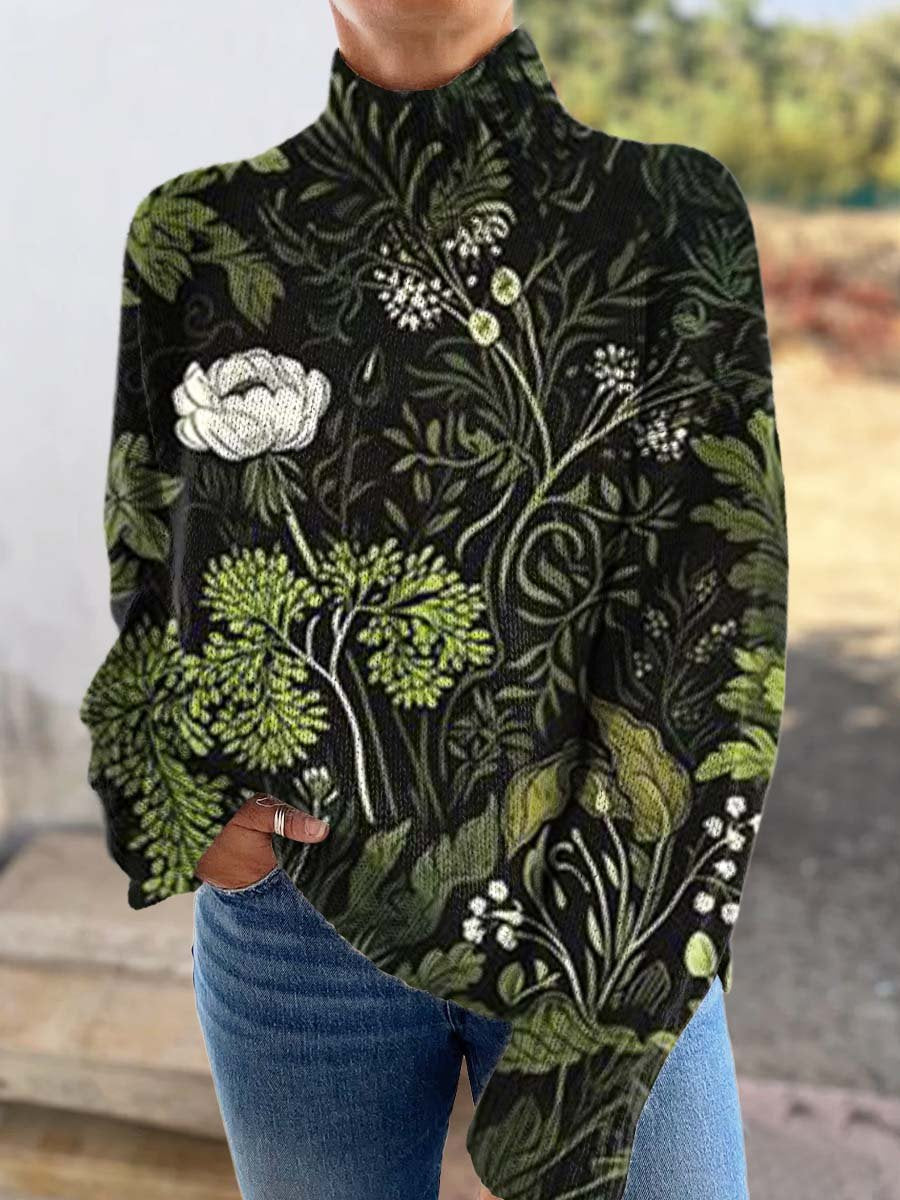 Women's Vintage Floral Botanical Art Print Knitted Turtleneck Sweater