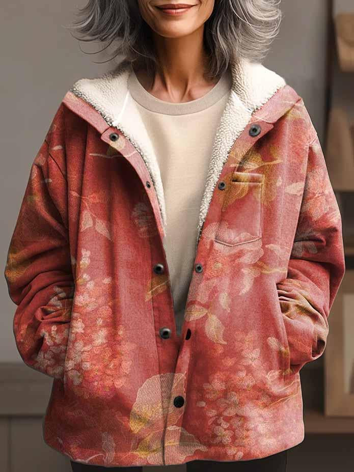 Women's Folk Art Floral Pattern Print Waffle Plush Thick Hooded Coat