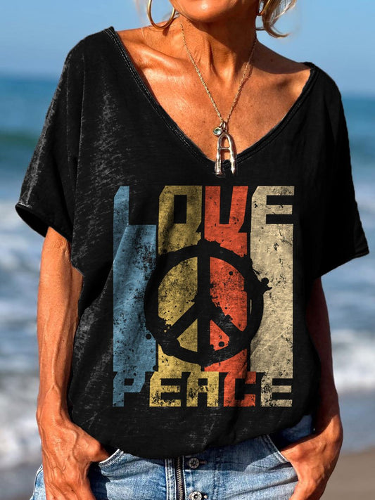 Women's Peace Freedom Love Hippie Retro Print V Neck T-Shirt