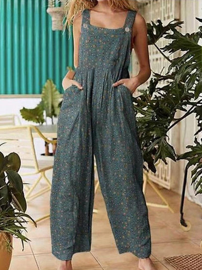 Floral Pattern Hippie Art Print Casual 100% Cotton Wide Leg Jumpsuit