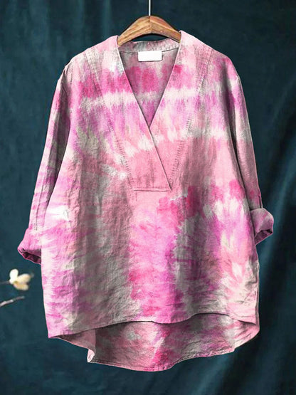 Women's Colorful Tie Dye Print Casual Cotton And Linen V-neck Shirt