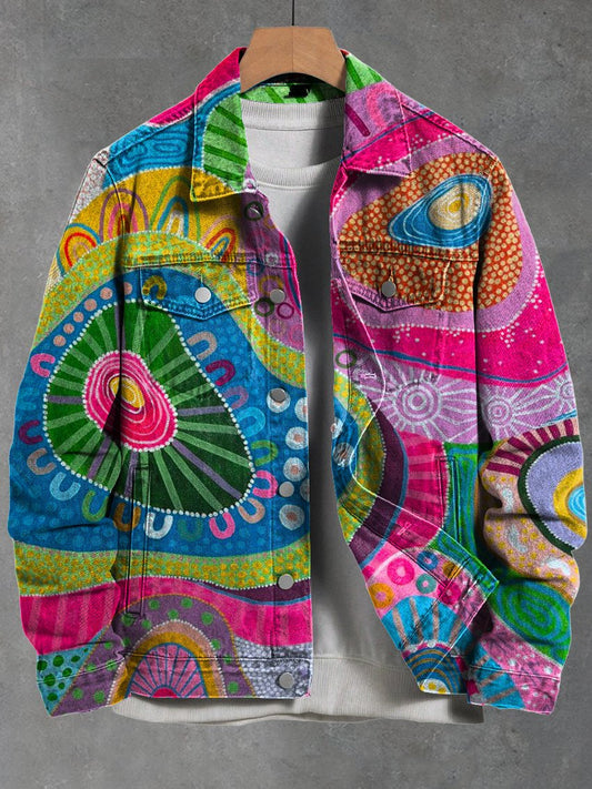 Modern Colorful Hippie Print Casual Denim Jacket