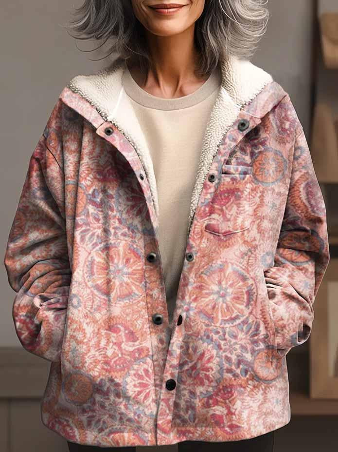 Women's Floral Art Print Waffle Plush Thick Hooded Coat