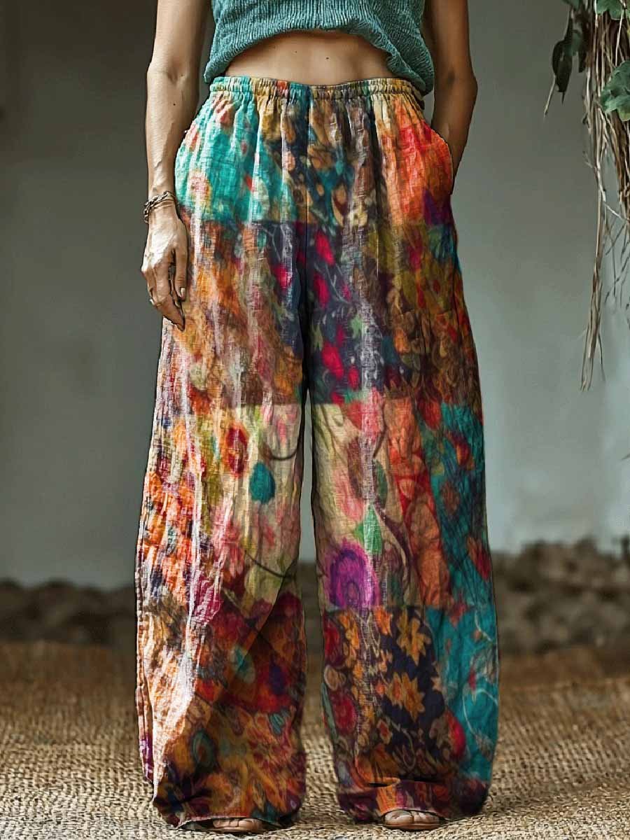 Women's Retro Hippie Patchwork Art Pattern Cotton And Linen Casual Pants