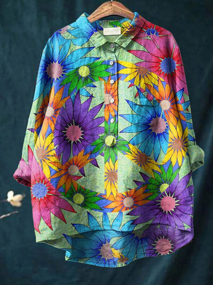 Peace And Love Flower Art Pattern Print Casual Cotton And Linen Shirt