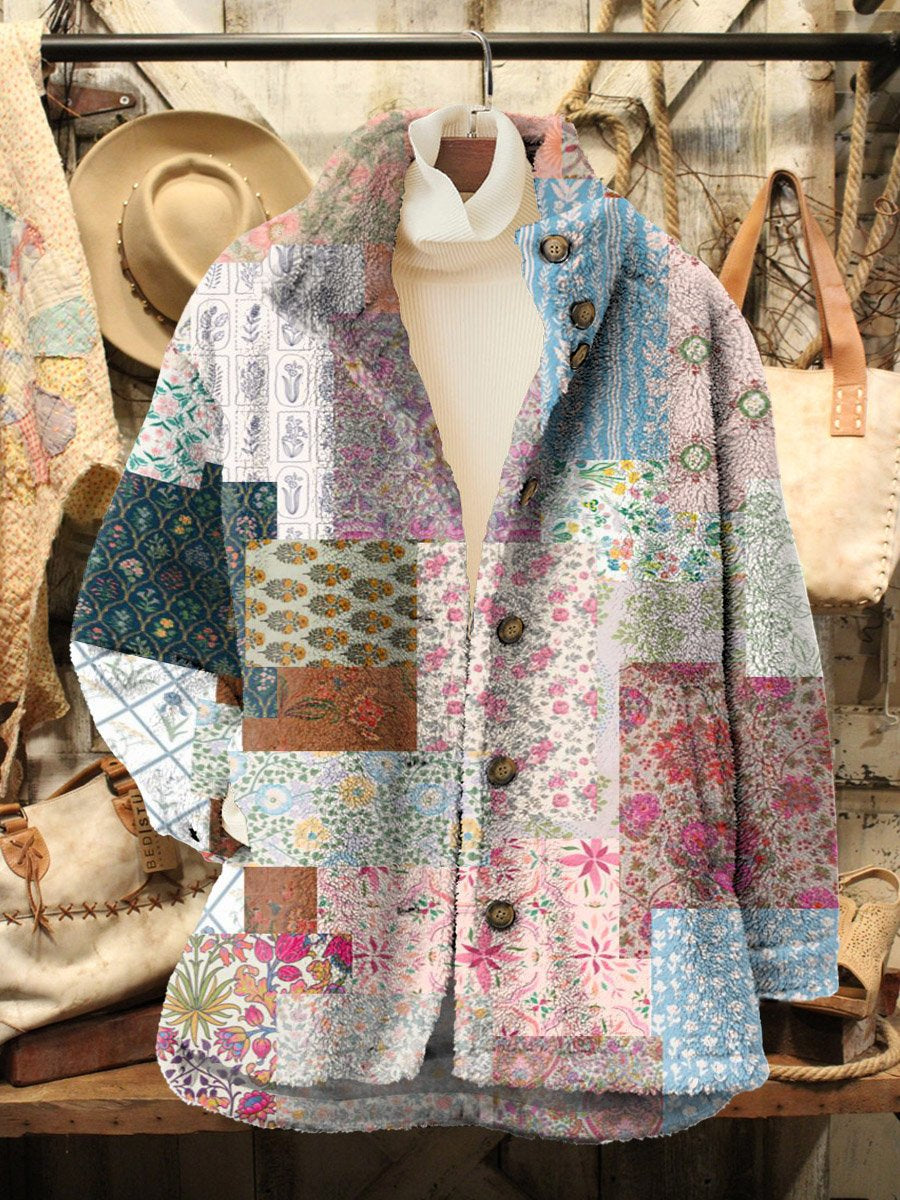 Women's Vintage Patchwork Print Casual Sherpa Coat Cardigan