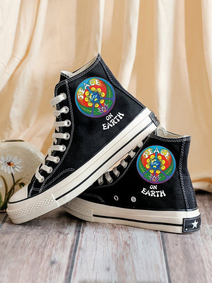 Peace On Earth Hippie Print Canvas Shoes