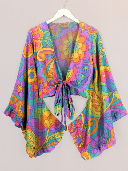 Women's Colorful Hippie Floral Print Bell Sleeve Wrap Top