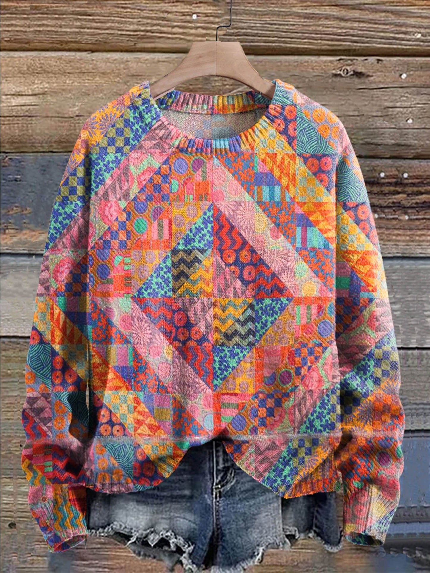 Colorful Plaid Square Flowers Print Knit Pullover Sweater