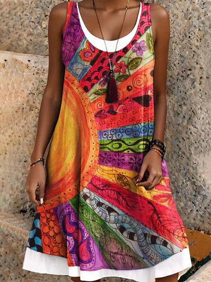 Women's Retro Hippie Pattern Multicolor Art Print Dress