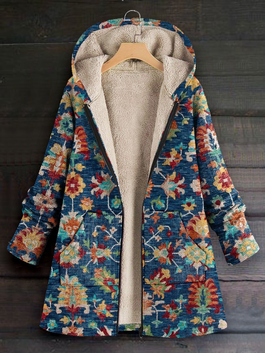 Women's Vintage Art Print Casual Winter Warm Cosy Long Sleeve Fleece Coat