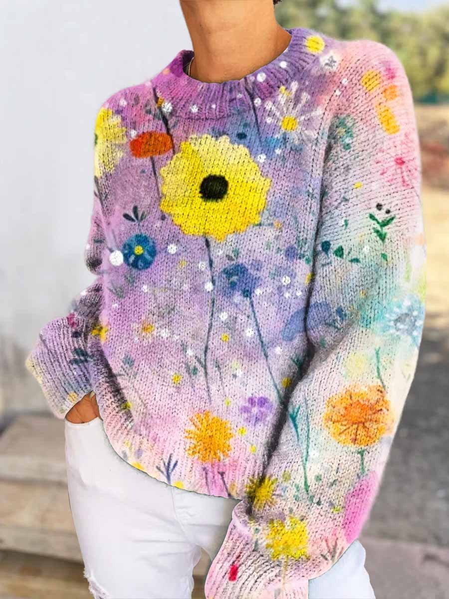 Women's Watercolor Floral Pattern Casual V-neck Pullover Knitted Sweater