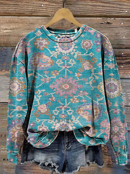 Retro Boho Flower Print Casual Sweatshirt