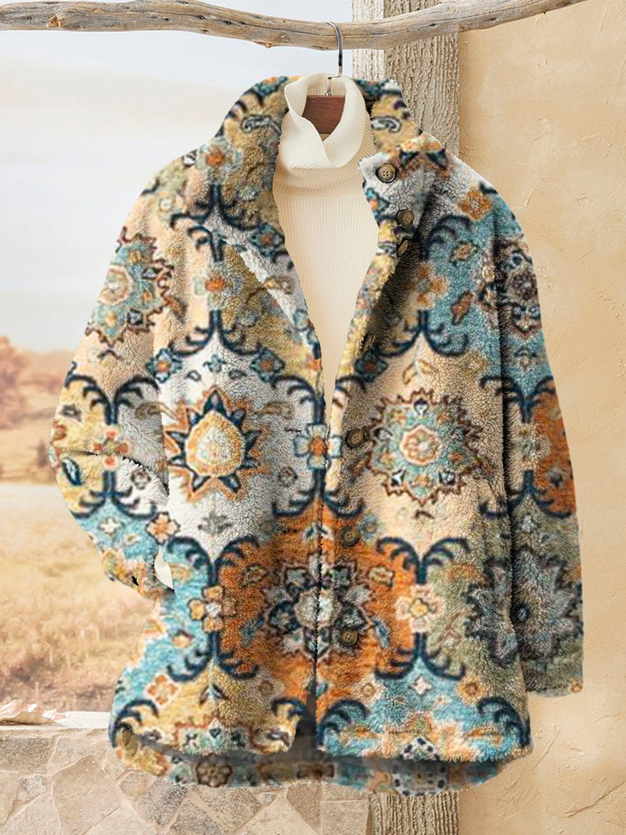 Women's Vintage Ethnic Diamond Floral Geometric Art Print Casual Sherpa Coat Cardigan