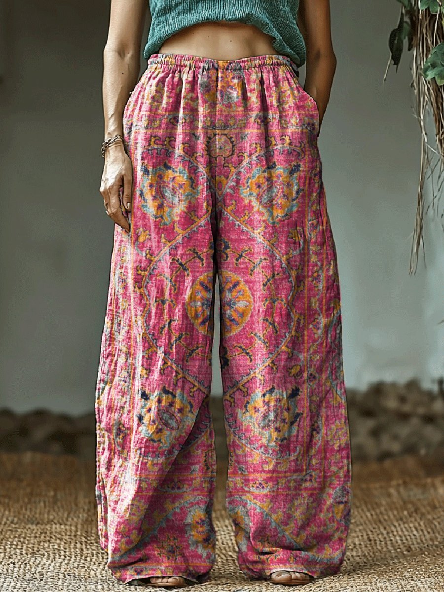 Women's Retro Flower Totem Printed Cotton And Linen Casual Pants