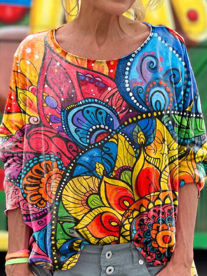 Women's Colorful Mandala Pattern Print Long Sleeve T-shirt