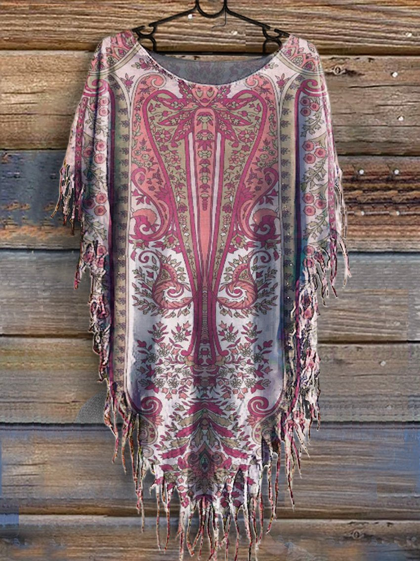 Women's Retro Floral Print Punk Hippie Batwing Tussle Fringes Poncho Dress