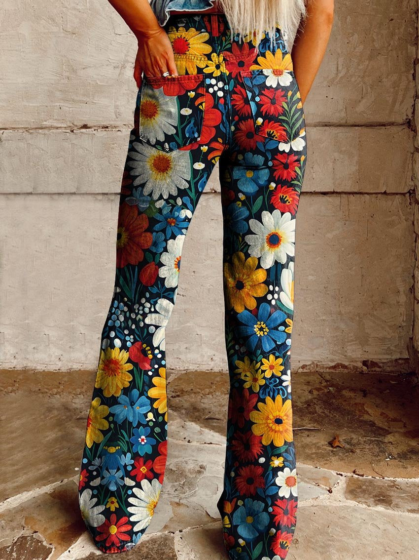 Women's Colorful Flower Print Casual Wide Leg Pants