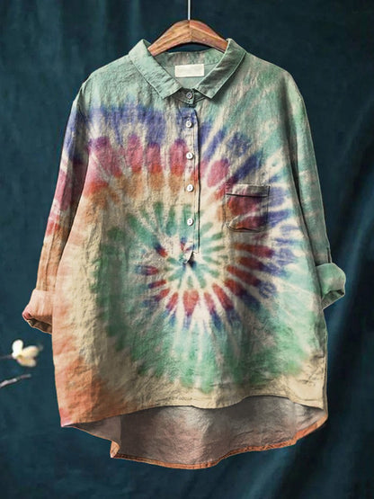 Colorful Retro Tie Dye Print Casual Cotton And Linen Shirt