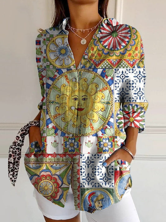 Women's Vintage Colorful Collage Print Casual Cotton Shirt