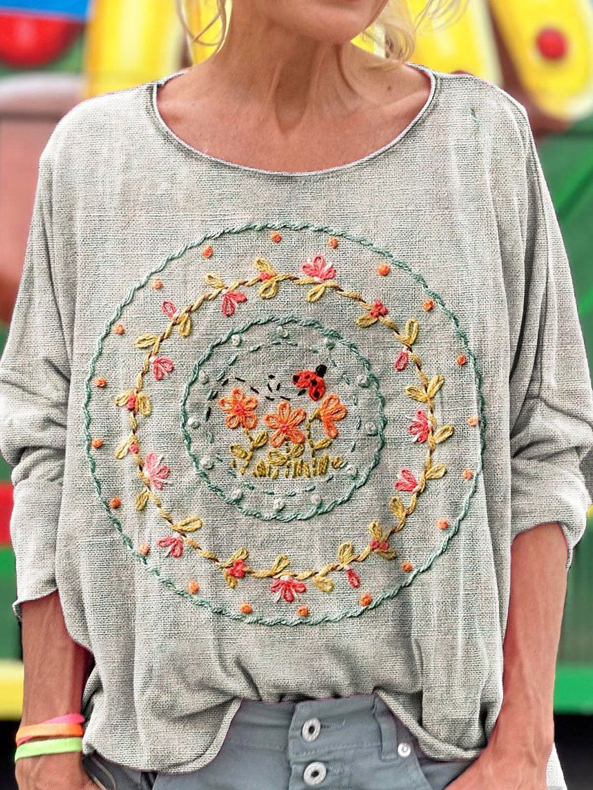 Vintage Embroidered Floral Totem Art Print Casual Long Sleeve T-shirt