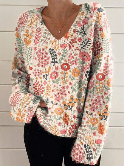 Women's Lovely Floral Art Print Casual V-neck Pullover Knit