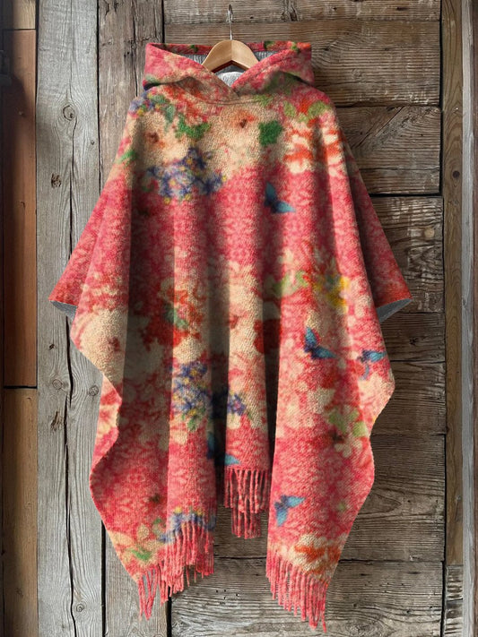 Women's Floral Patchwork Art Print Casual Knit Blanket Cape Hooded Cape